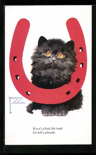 Künstler-AK Lawson Wood: Wenn's Glück Dir lacht, ich hab's gebracht., graues Kätzchen mit rotem Hufeisen