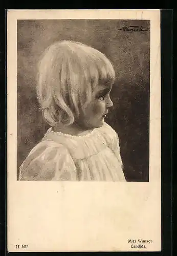 Künstler-AK Mizi Wunsch: Portrait eines kleinen blonden Mädchens im weissen Kleid