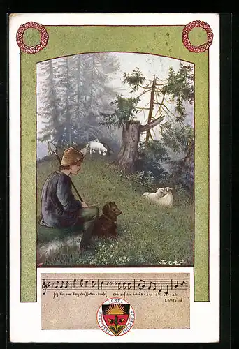 Künstler-AK T. Welzl: Deutscher Schulverein Nr. 98, Schäfer mit Hund und Herde am Waldrand