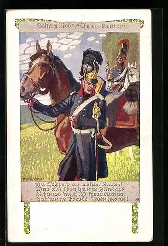 Künstler-AK Karl Alex Wilke: Schwertlied von Theodor Körner, Du Schwert an meiner Linken!, Soldaten mit ihren Pferden