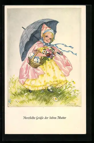 Künstler-AK Hannes Petersen: Mädchen mit Korb, Blumen und Regenschirm auf einer Blumenwiese
