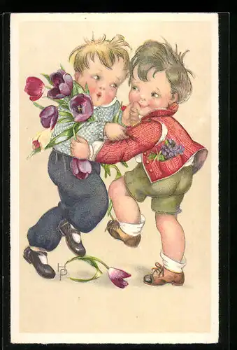 Künstler-AK Hannes Petersen: Zwei Buben mit Blumen beim Tanzen