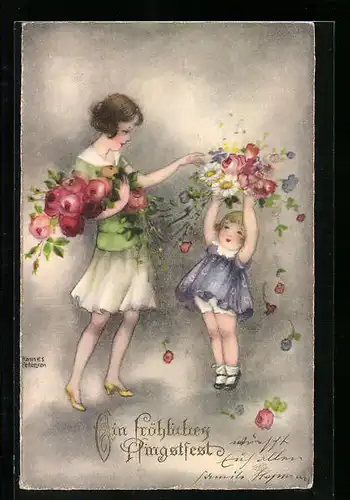 Künstler-AK Hannes Petersen: Mutter mit Tochter und Blumen, fröhliches Pfingstfest