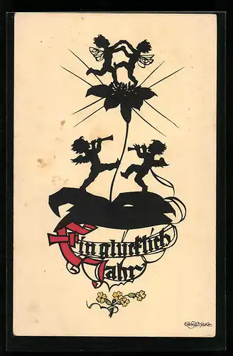 Künstler-AK Georg Plischke: Ein glückliches Jahr, Engel tanzen und musizieren