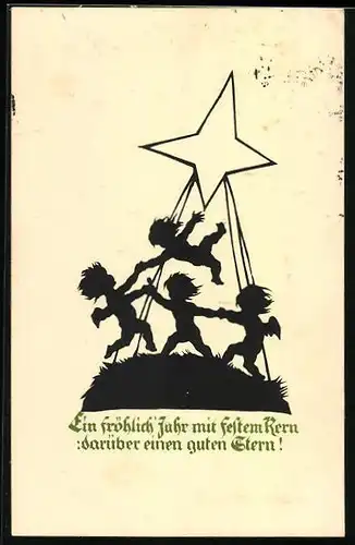 Künstler-AK Georg Plischke: Ein fröhlich Jahr mit festem Kern, darüber einen guten Stern!, Engel mit grossem Stern