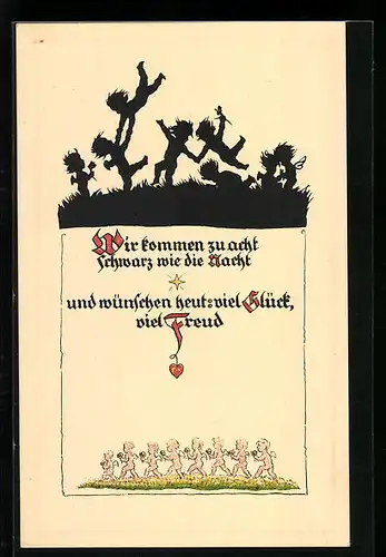 Künstler-AK Georg Plischke: Wir kommen zu acht, schwarz wie die Nacht und wünschen heut viel Glück, viel Freud, Engel