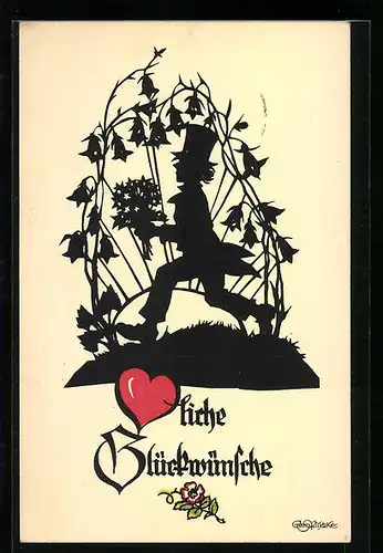 Künstler-AK Georg Plischke: Herzliche Glückwünsche, Mann mit Zylinder und Blumenstrauss