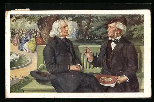 AK Franz Liszt und Richard Wagner sitzen auf einer Parkbank