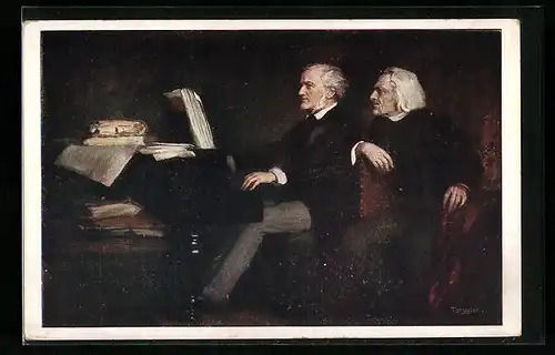 Künstler-AK Listz und Wagner an einem Klavier sitzend