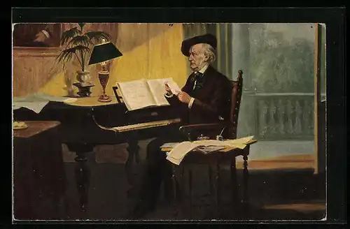 Künstler-AK Komponist Richard Wagner am Klavier sitzend