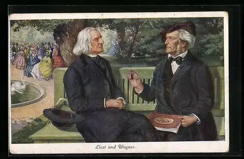 Künstler-AK Liszt und Wagner sitzen auf einer Parkbank