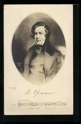 AK Portrait des Komponisten R. Schumann, Noten- und Textzeile