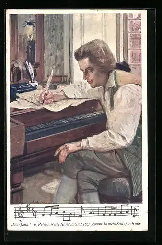 Künstler-AK Mozart komponiert ein Lied am Klavier, Noten- und Textzeile Don Juan