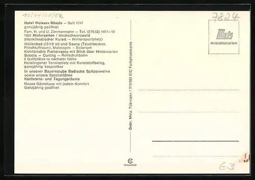 AK Hinterzarten /Schwarzwald, Hotel Weisses Rössle, Tennisplatz, Bes. Fam. H. und U. Zimmermann