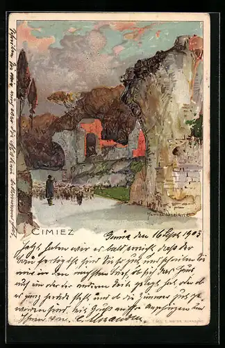 Künstler-AK Manuel Wielandt: Cimiez, Ortspartie, Schäfer, Schafe