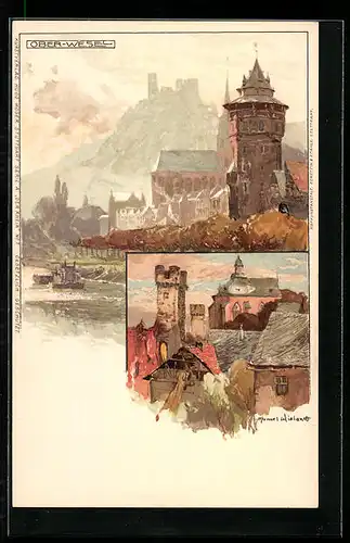 Künstler-AK Manuel Wielandt: Ober-Wesel, Ortsansicht, Uferpartie