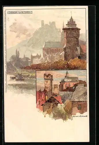 Künstler-AK Manuel Wielandt: Ober-Wesel, Ortsansicht, Uferpartie