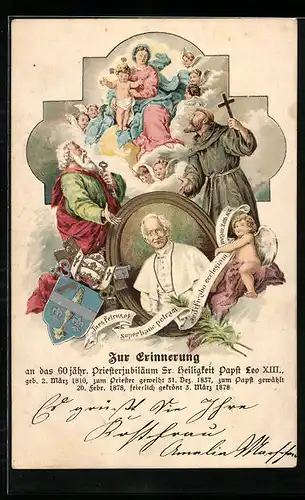 Lithographie Papst Leo XIII., 60 jähriges Priesterjubiläum