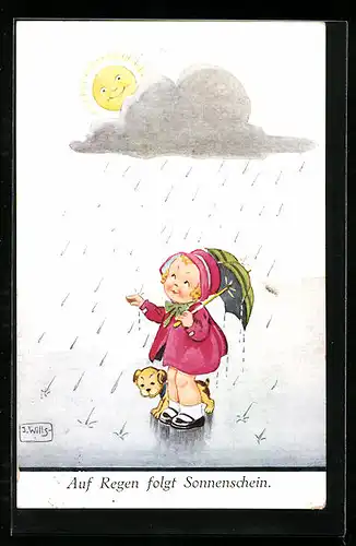 Künstler-AK John Wills: Mädchen mit Hund im Regen, Sonne