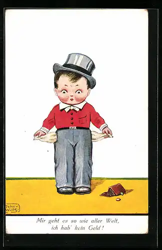 Künstler-AK John Wills: Junge mit Zylinder und leeren Taschen