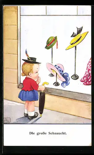 Künstler-AK John Wills: Mädchen vor einem Hutgeschäft