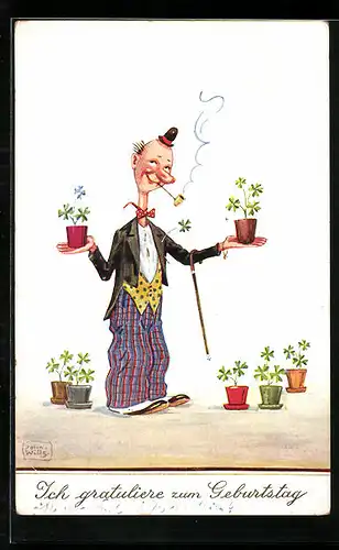 Künstler-AK John Wills: Gratulant mit Glücksklee, Pfeife