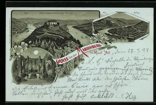 Lithographie Marienburg a. d. Mosel, Hotel & Restauration Carl Boemer, Inneres d. Ruine, Alf, Bullay