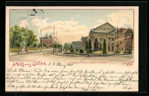 Künstler-AK Erwin Spindler: Gotha, Arnoldiplatz mit Post und Theater