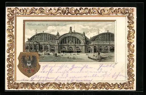 Passepartout-Lithographie Frankfurt a. M., Blick auf Hauptbahnhof, Wappen