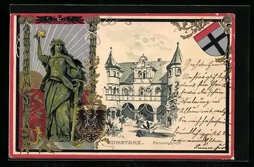 Passepartout-Lithographie Konstanz, Blick auf Rathhaushof, Germania, Wappen