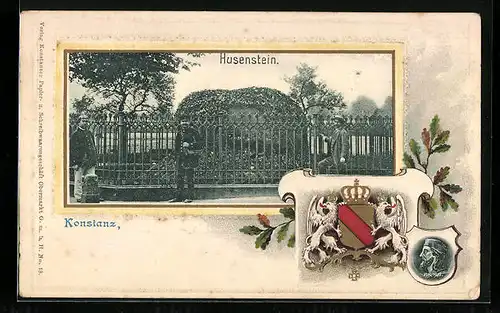 Passepartout-Lithographie Konstanz, Blick auf Husenstein, Wappen