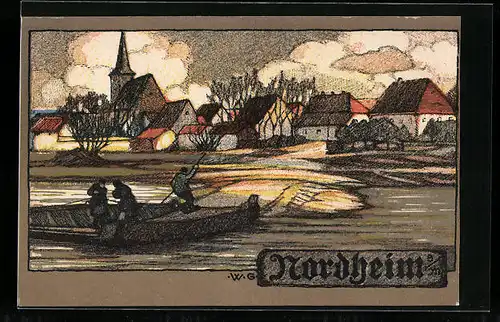 Steindruck-AK Nordheim a. M., Uferpartie mit Häusern, Kirche