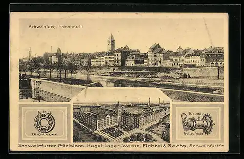 AK Schweinfurt a. M., Mainansicht, Präcisions-Kugel-Lager-Werke, Fichtel & Sachs, Torpedo-Freilaufnabe