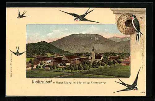 Präge-Lithographie Niederaudorf, Ortsansicht mit Kloster Reisach und Kaisergebirge, Schwalben