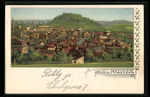 Künstler-AK Pössneck, Ortsansicht aus der Vogelschau