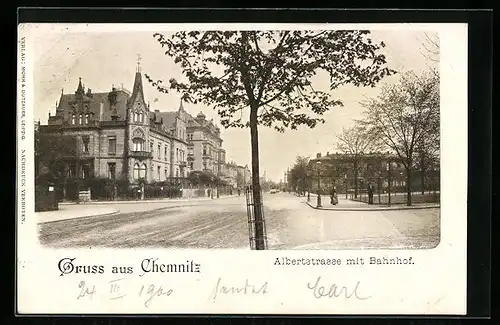 AK Chemnitz, Albertstrasse mit Bahnhof