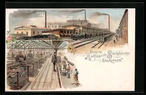 Lithographie Salzuflen, Hoffmann`s Stärkefabriken, Süd-Eingang, Kleber-Pressen