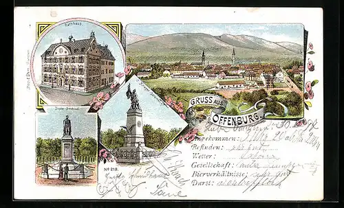 Lithographie Offenburg, Ortsansicht, Rathhaus, Drake-Denkmal, Krieger-Denkmal