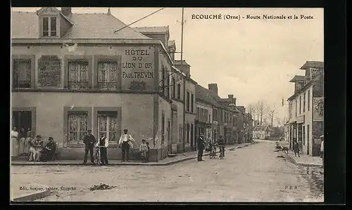 AK Écouché, Route Nationale et la Poste, Hotel du Lion d`Or, Paul Trevin