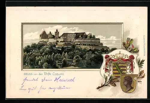 Passepartout-Lithographie Coburg, Veste, Wappen