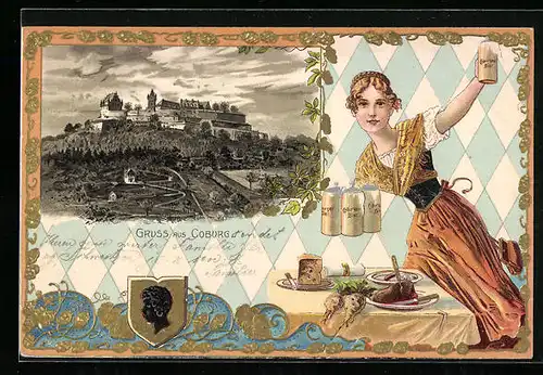 Passepartout-Lithographie Coburg, Burg, Wappen, Spezialitäten