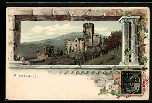 Passepartout-Lithographie Lahneck, Burg, Wappen