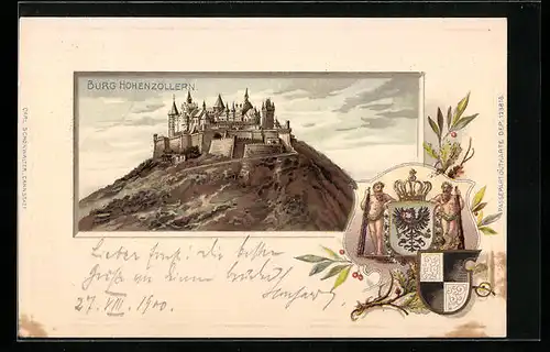 Passepartout-Lithographie Hohenzollern, Burg auf Berg, Wappen