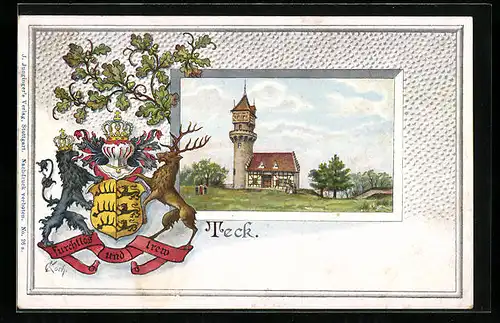 Passepartout-Lithographie Teck, Turm mit Haus, Wappen