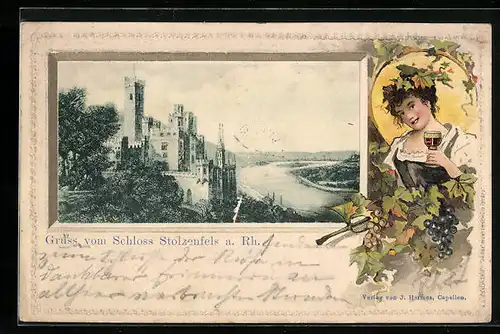 Passepartout-Lithographie Stolzenfels a. Rh., Gruss vom Schloss, Weinkönigin