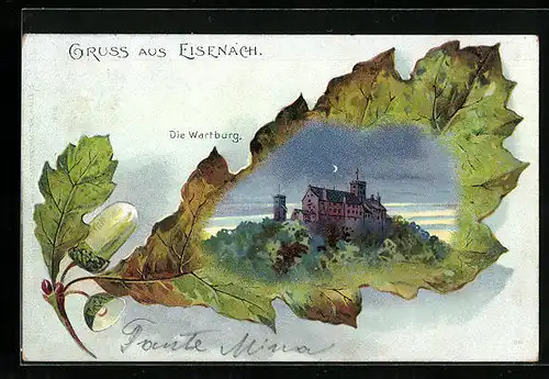 Passepartout-Lithographie Eisenach, Die Wartburg, Eichenblatt