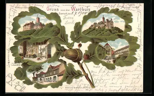 Passepartout-Lithographie Eisenach, Die Wartburg, Eichenblatt