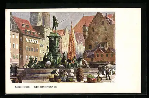 Künstler-AK Heinrich Kley: Nürnberg, Neptunbrunnen mit Passanten