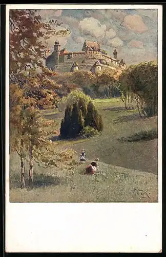 Künstler-AK Veste Coburg mit Hofgarten