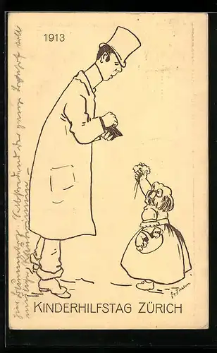 AK Zürich, Kinderhilfstag 1913, Mann kauft Blumen beim Blumenmädchen, Kinderfürsorge